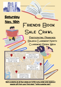 Flyer for Nov 16 2024 Friends Book Crawl with map of all 4 branches and start times